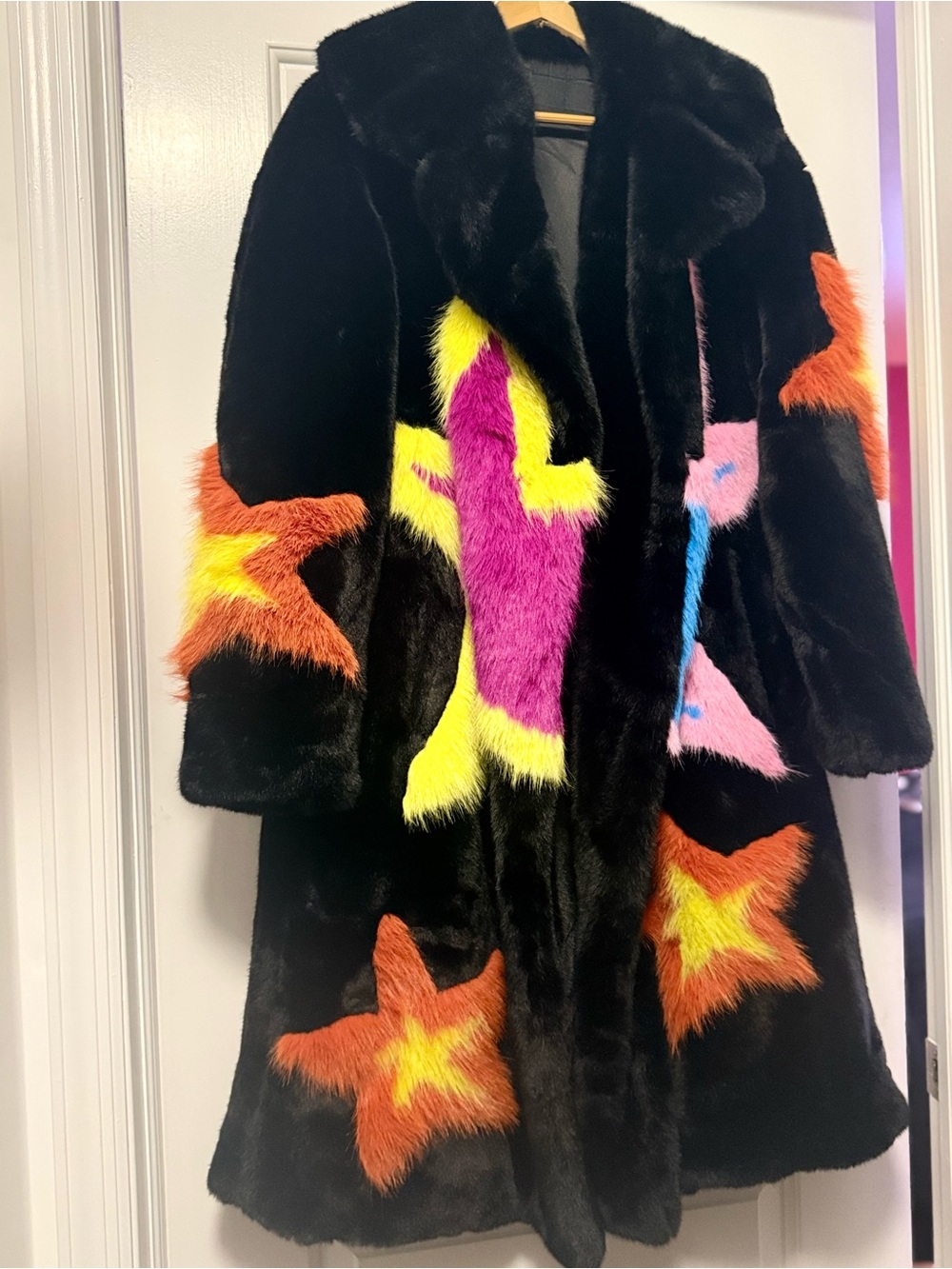 Black Faux Fur Coat with Neon Star & Stripe Patches. - Picture 6 of 9